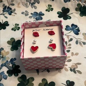 Betsey Johnson Red Heart and Pearl Earring Set